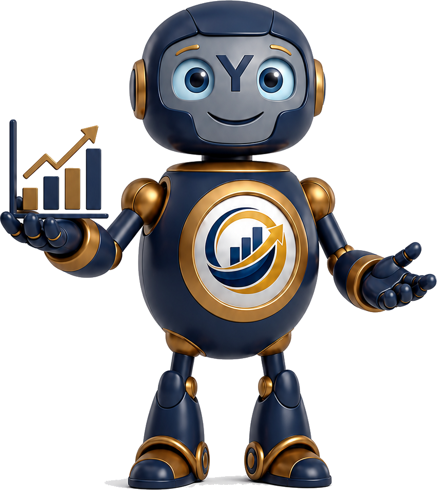 Yago, mascote Y da YBES, apresentando um gráfico de crescimento
